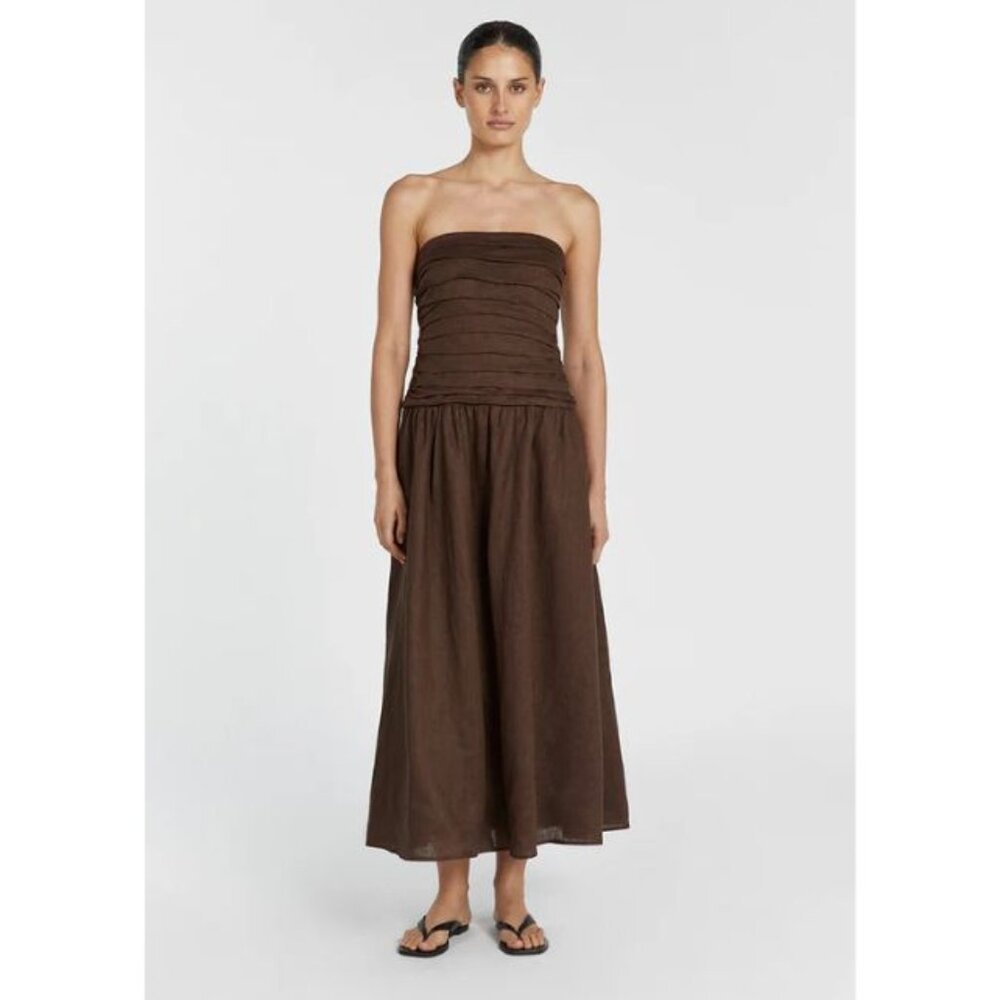 DIISH ATANIA BITTER CHOC LINEN STRAPLESS DRESS - US SIZE 2 / BITTER CHOCOLATE